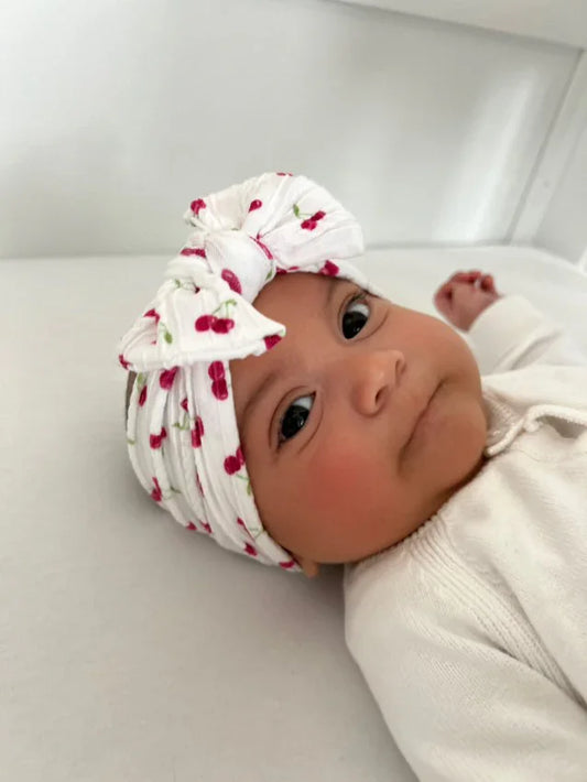 White Cherry Pattern Smaller Bow Cable Knit Headband