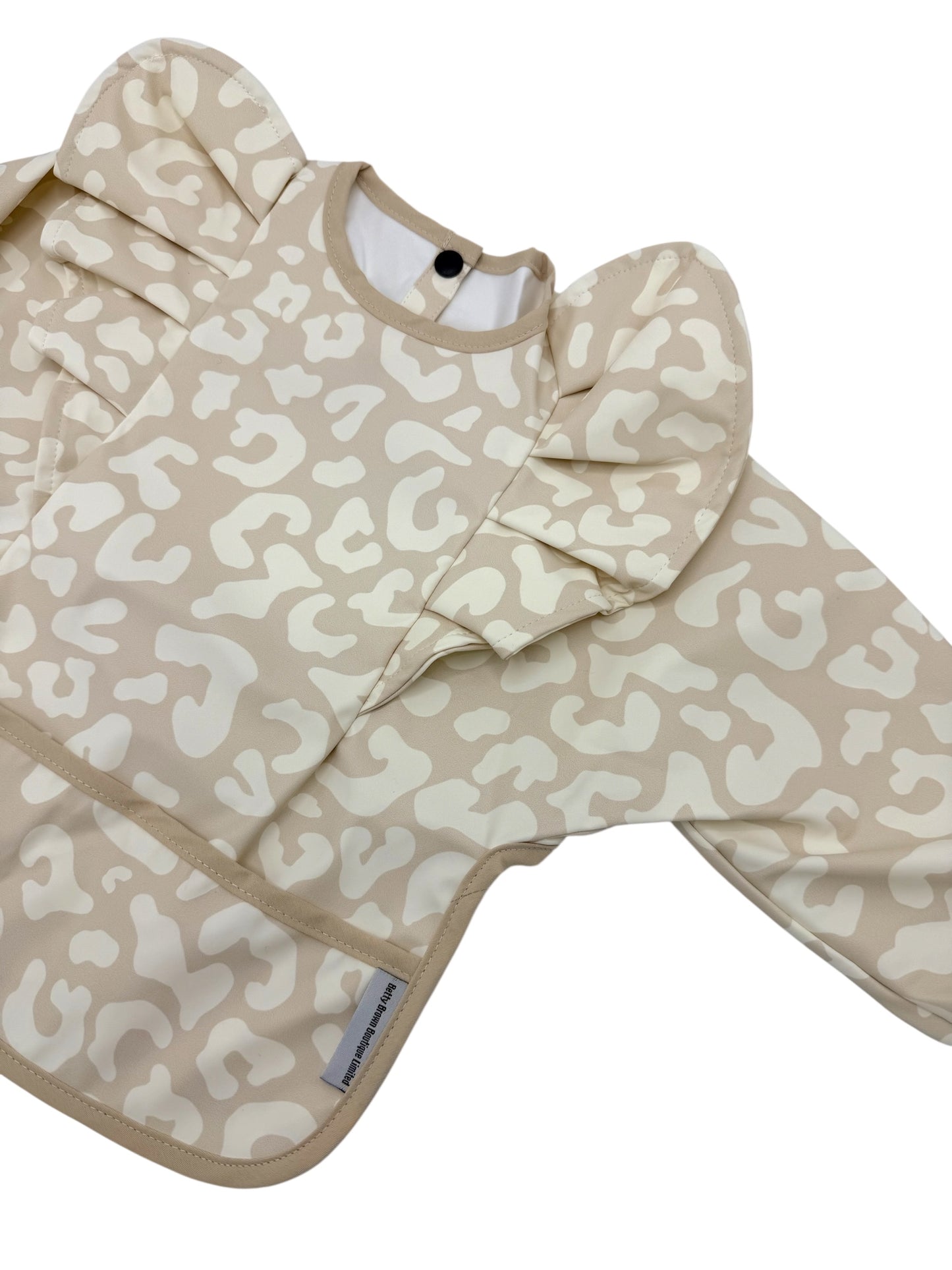 Neutral Leopard Frill Detailed Waterproof Bib with Sleeves