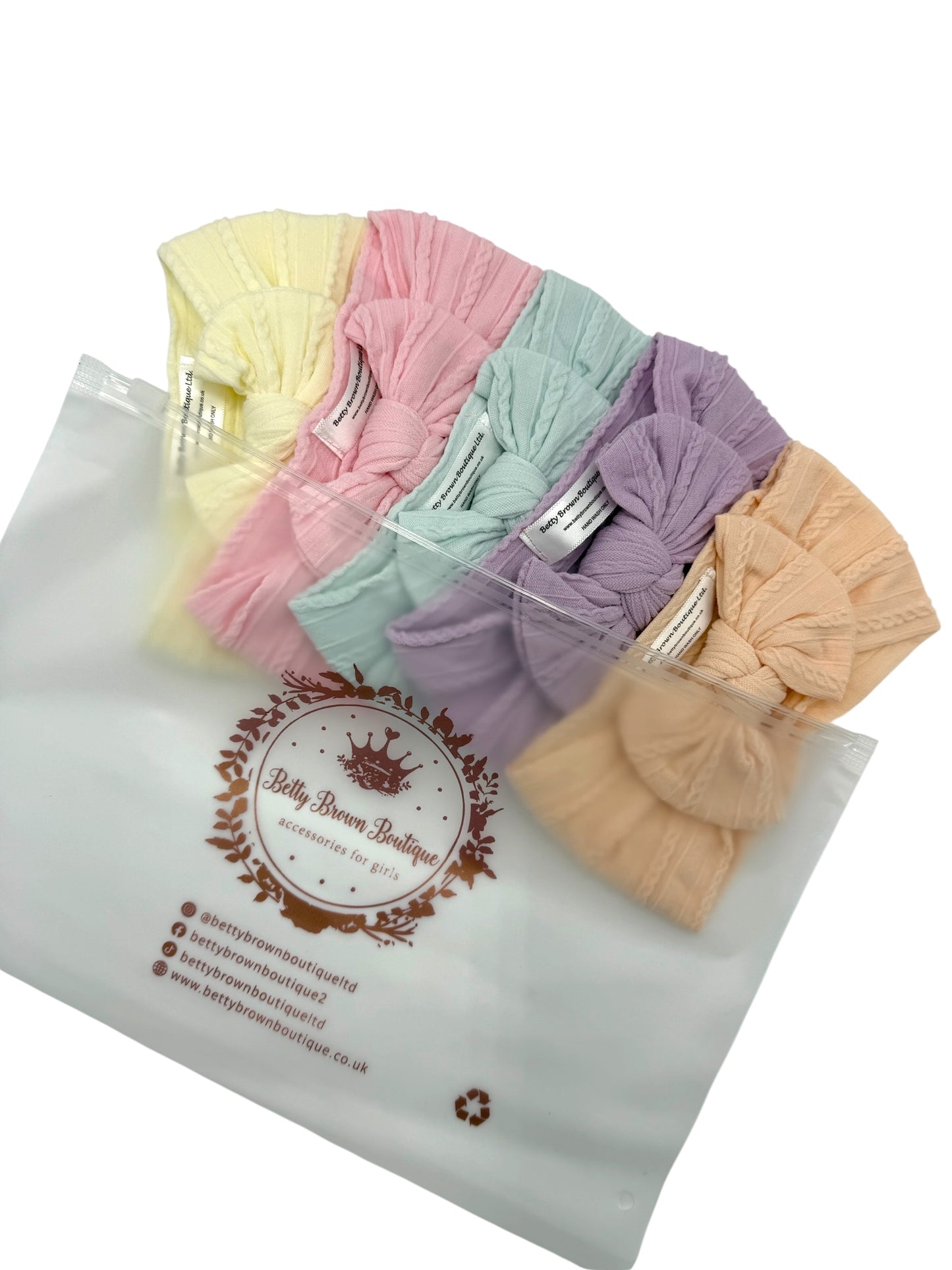 Spring Pastels Bundle of 5 Smaller Bow Cable Knit Headbands - Suitable From Newborn.