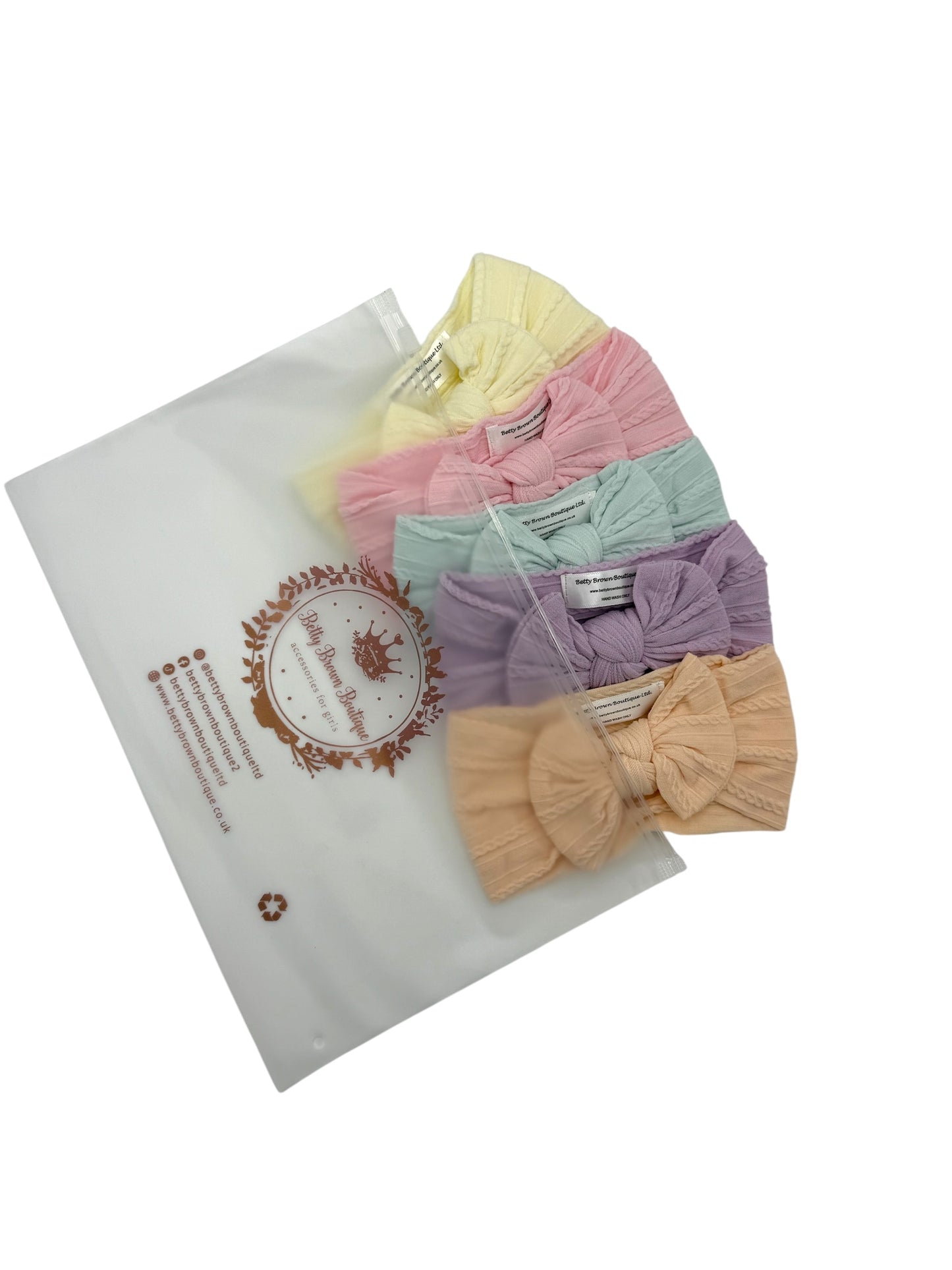 Spring Pastels Bundle of 5 Smaller Bow Cable Knit Headbands - Suitable From Newborn.