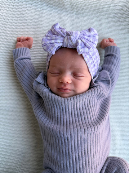 Lilac Gingham Pattern Smaller Bow Cable Knit Headband