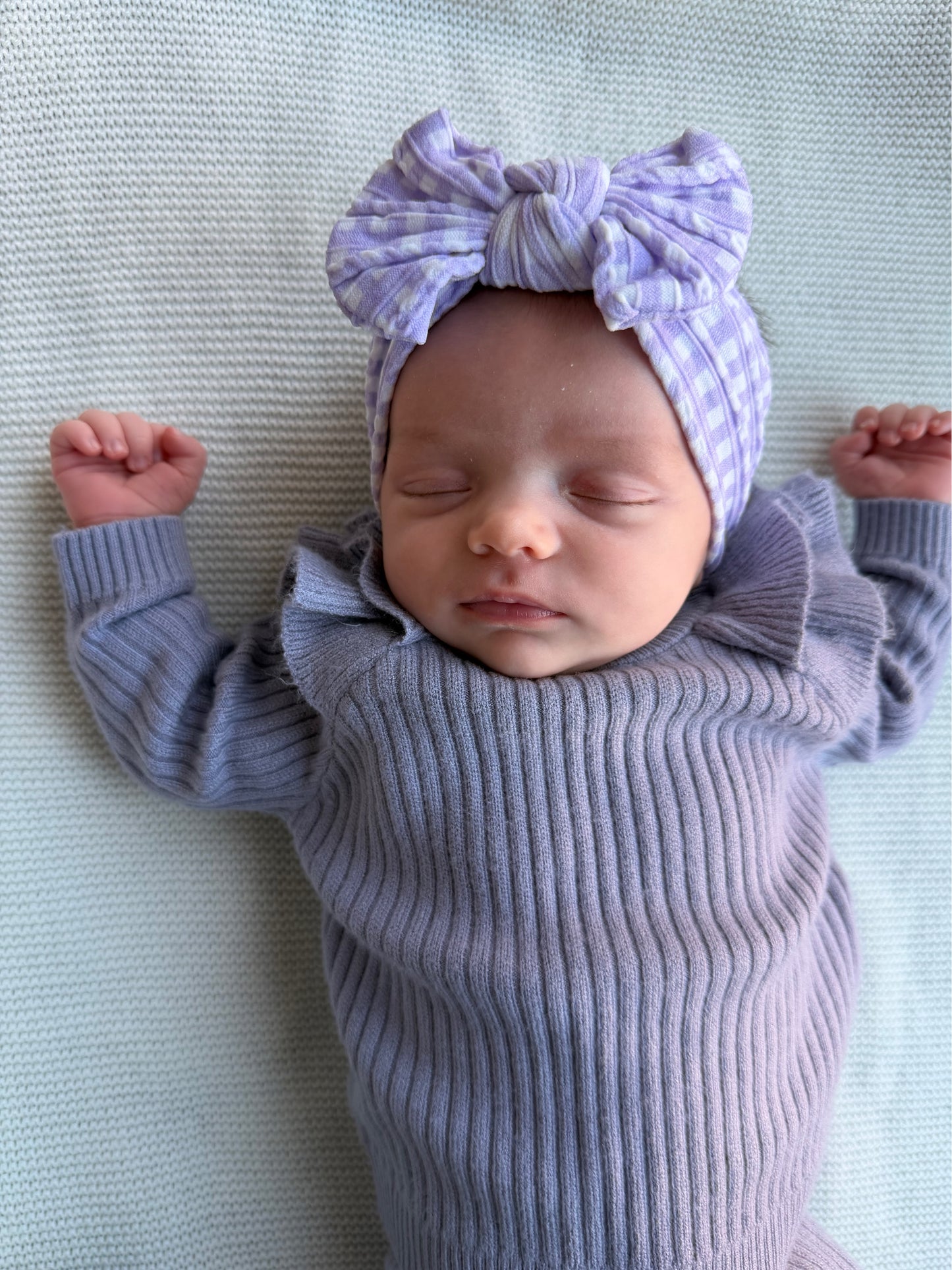 Lilac Gingham Pattern Smaller Bow Cable Knit Headband