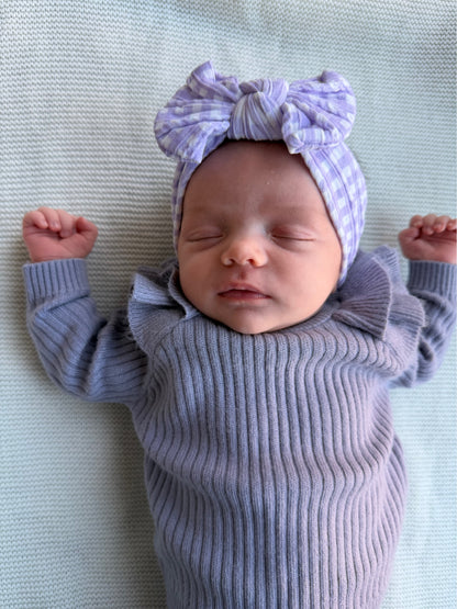 Lilac Gingham Pattern Smaller Bow Cable Knit Headband