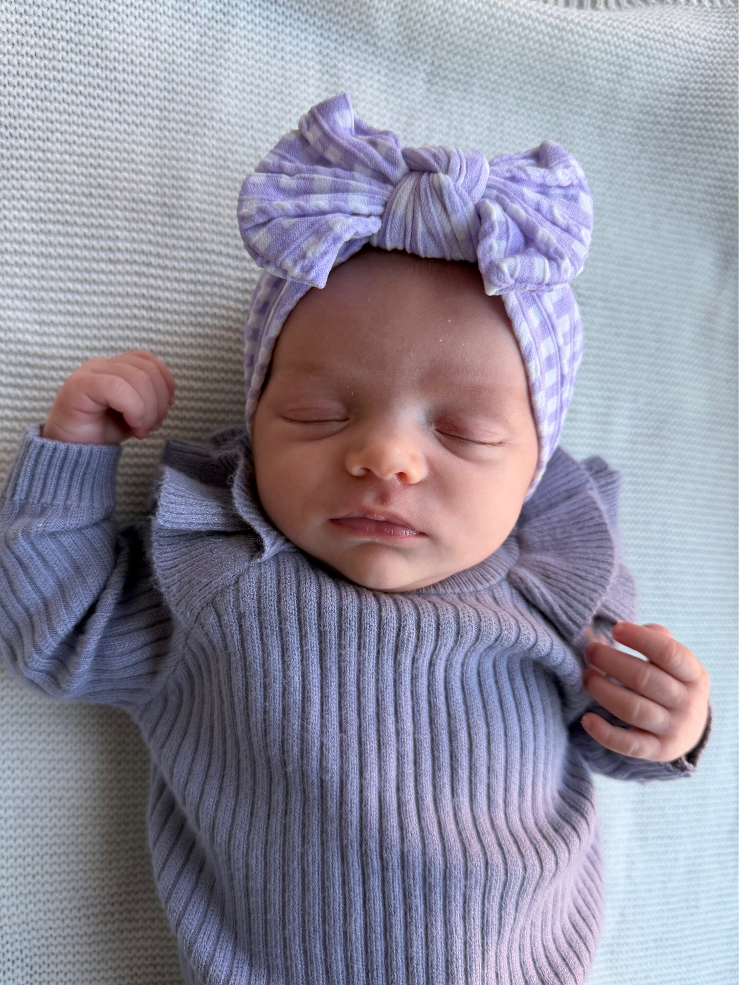 Lilac Gingham Pattern Smaller Bow Cable Knit Headband