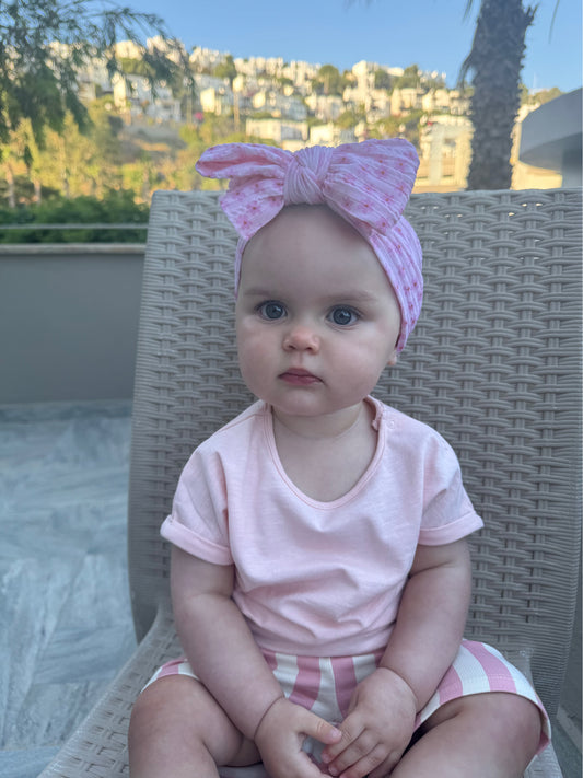 Pink Boho Daisy Pattern Larger Bow Cable Knit Headband