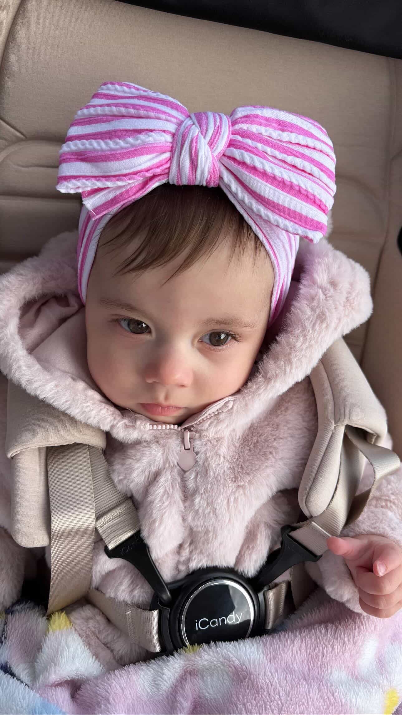 Candy Pink Stripe Larger Bow Cable Knit Headband