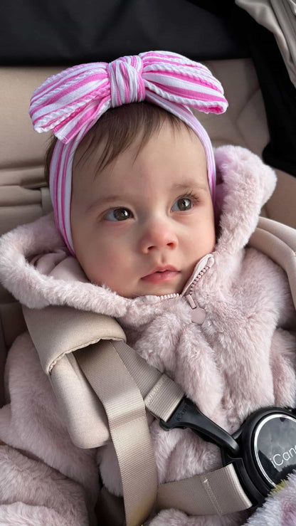 Candy Pink Stripe Larger Bow Cable Knit Headband