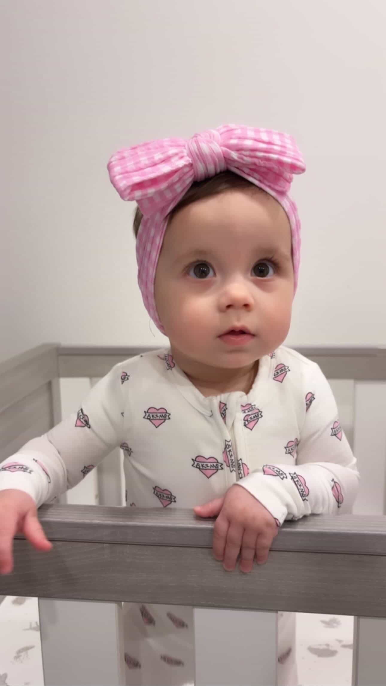 Pink Gingham Pattern Larger Bow Cable Knit Headband