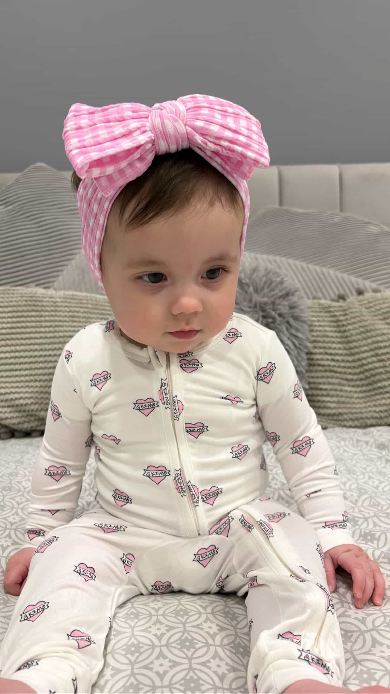 Pink Gingham Pattern Larger Bow Cable Knit Headband