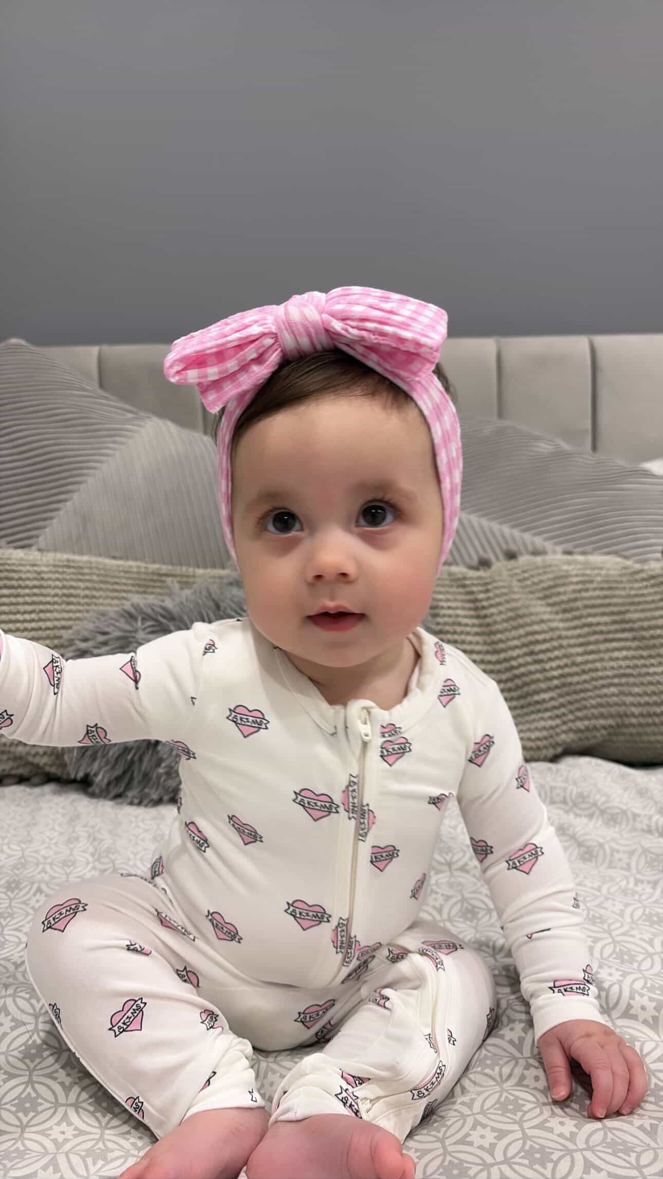 Pink Gingham Pattern Larger Bow Cable Knit Headband