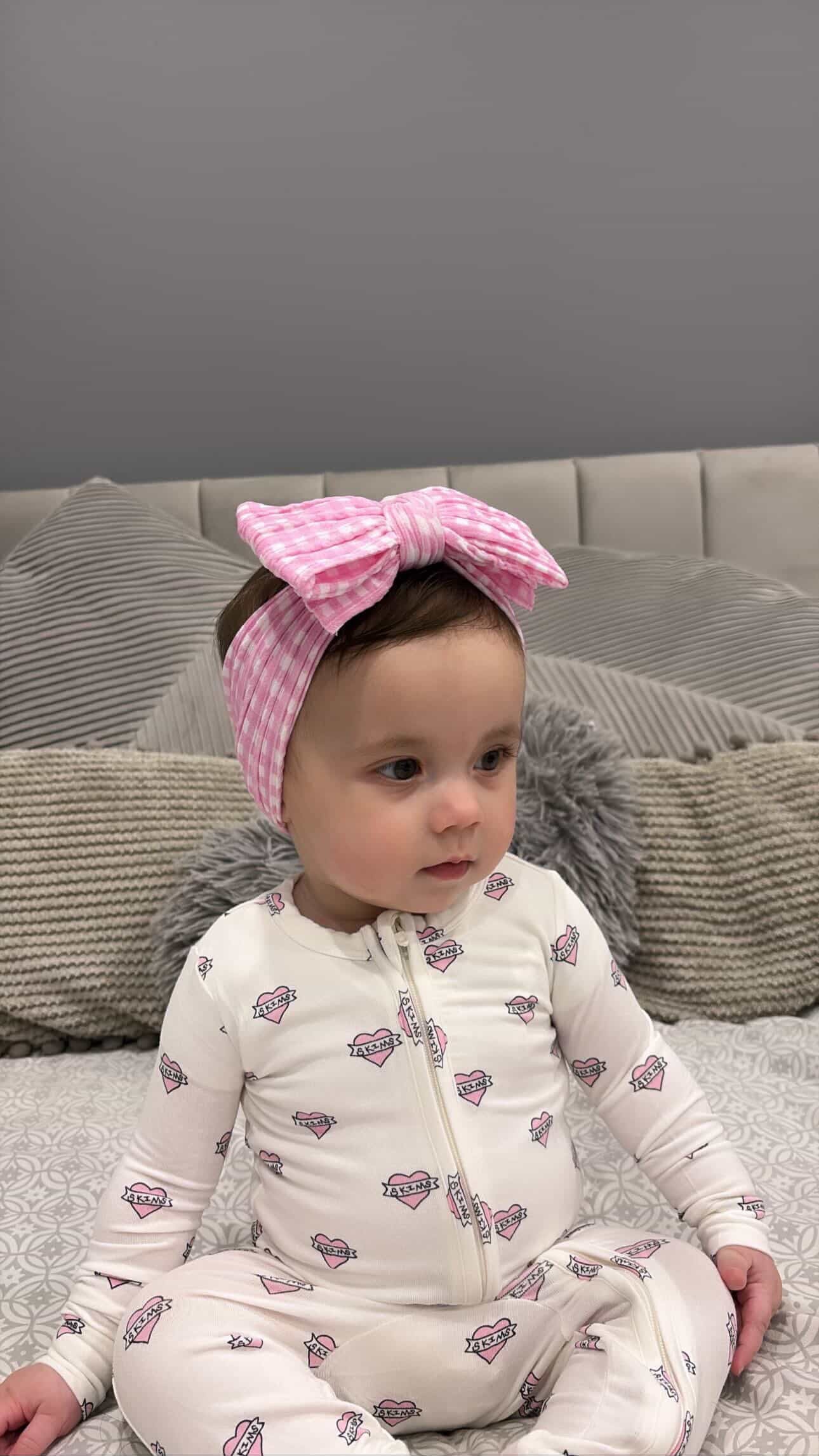 Pink Gingham Pattern Larger Bow Cable Knit Headband