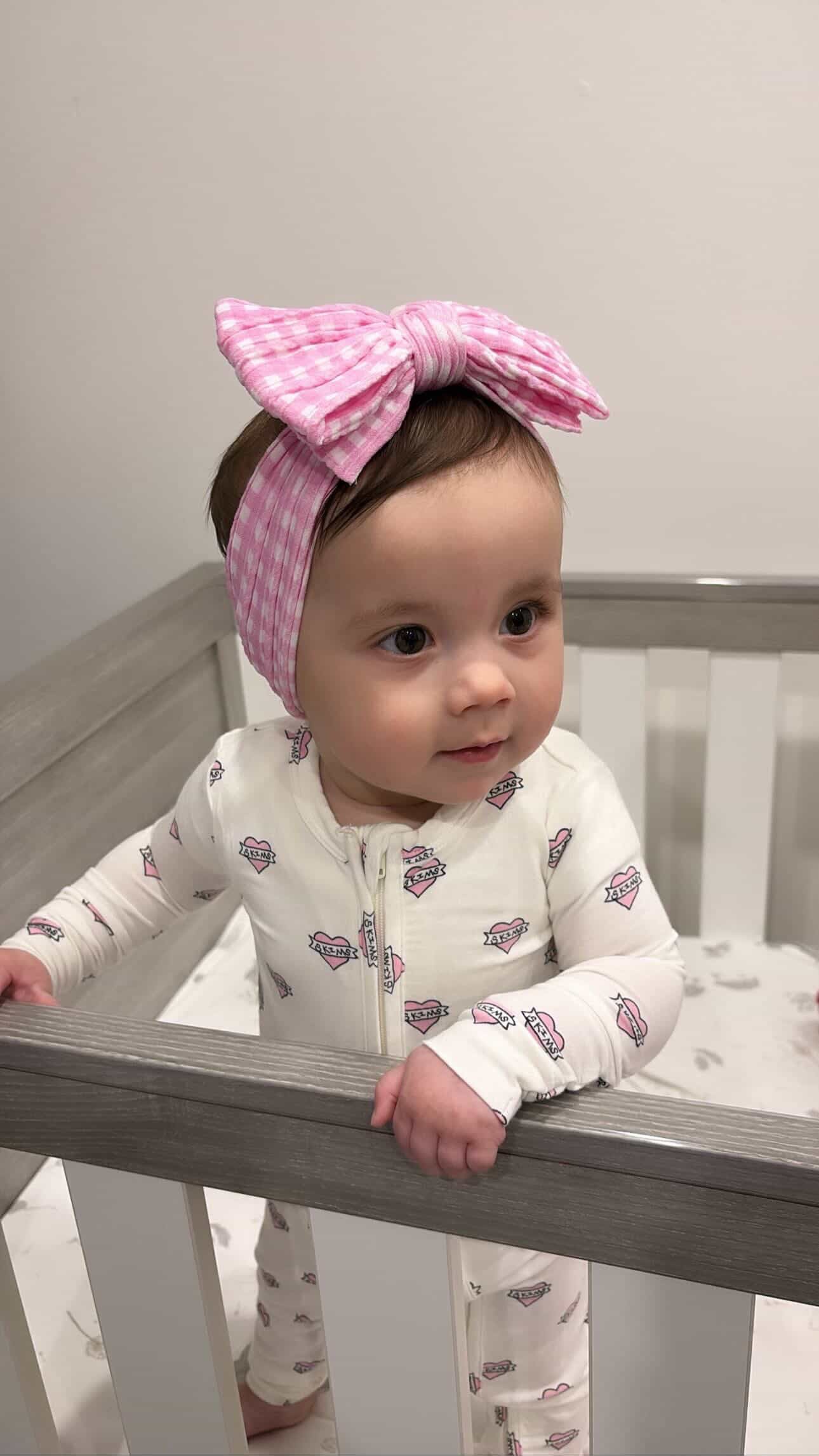 Pink Gingham Pattern Larger Bow Cable Knit Headband