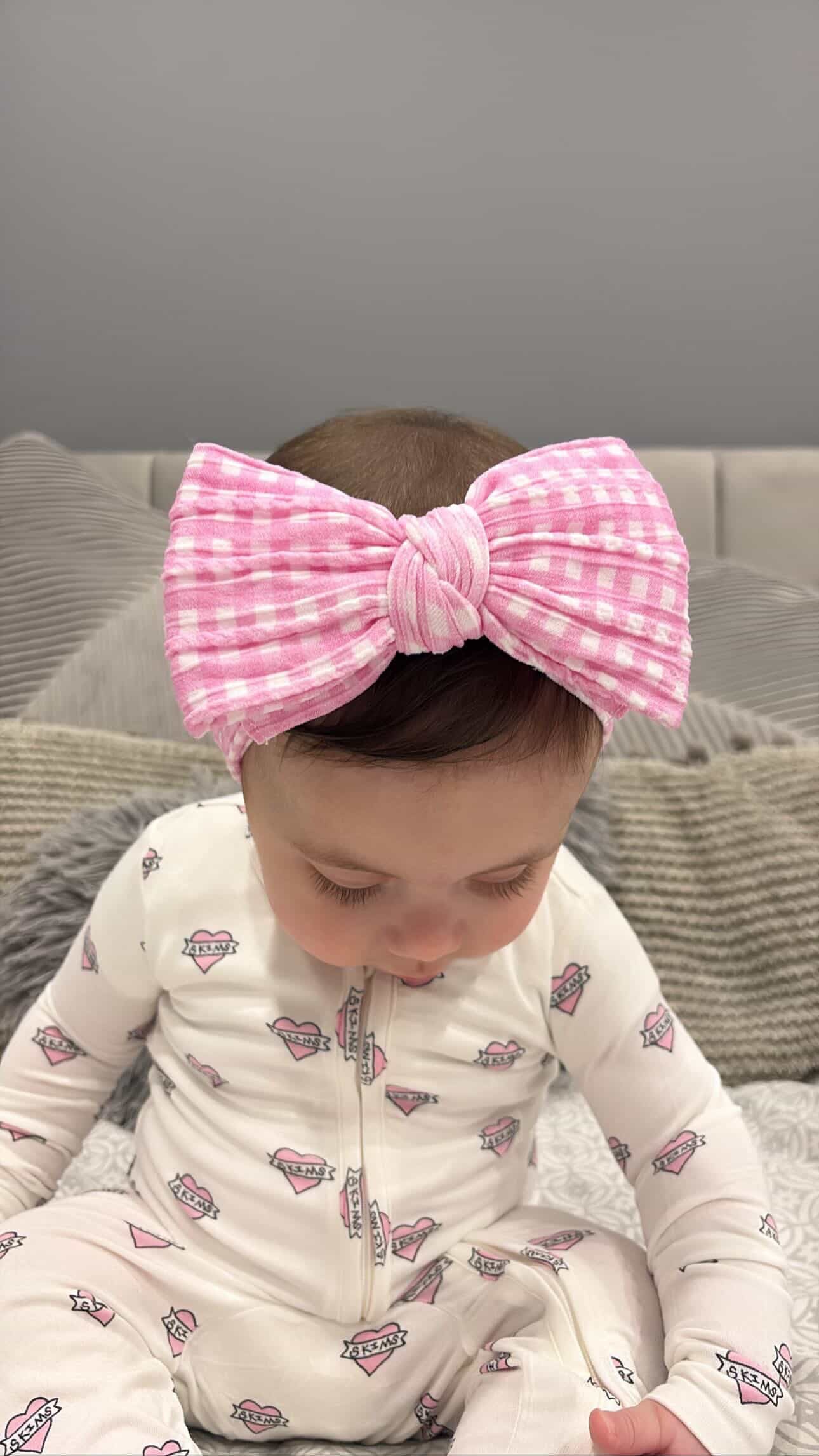 Pink Gingham Pattern Larger Bow Cable Knit Headband