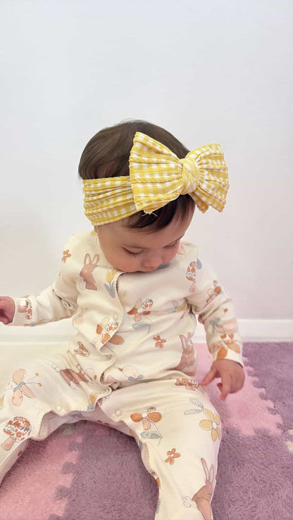 Yellow Gingham Pattern Larger Bow Cable Knit Headband