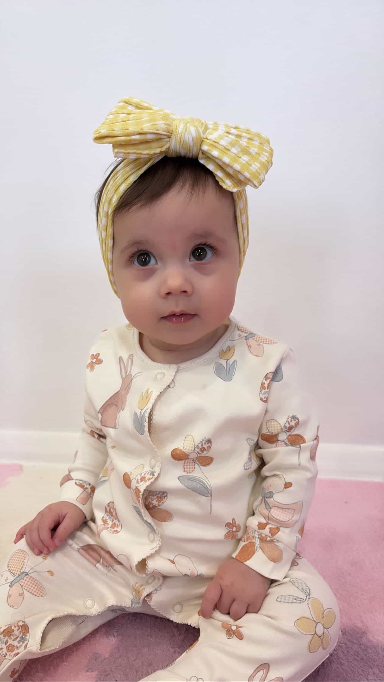 Yellow Gingham Pattern Larger Bow Cable Knit Headband