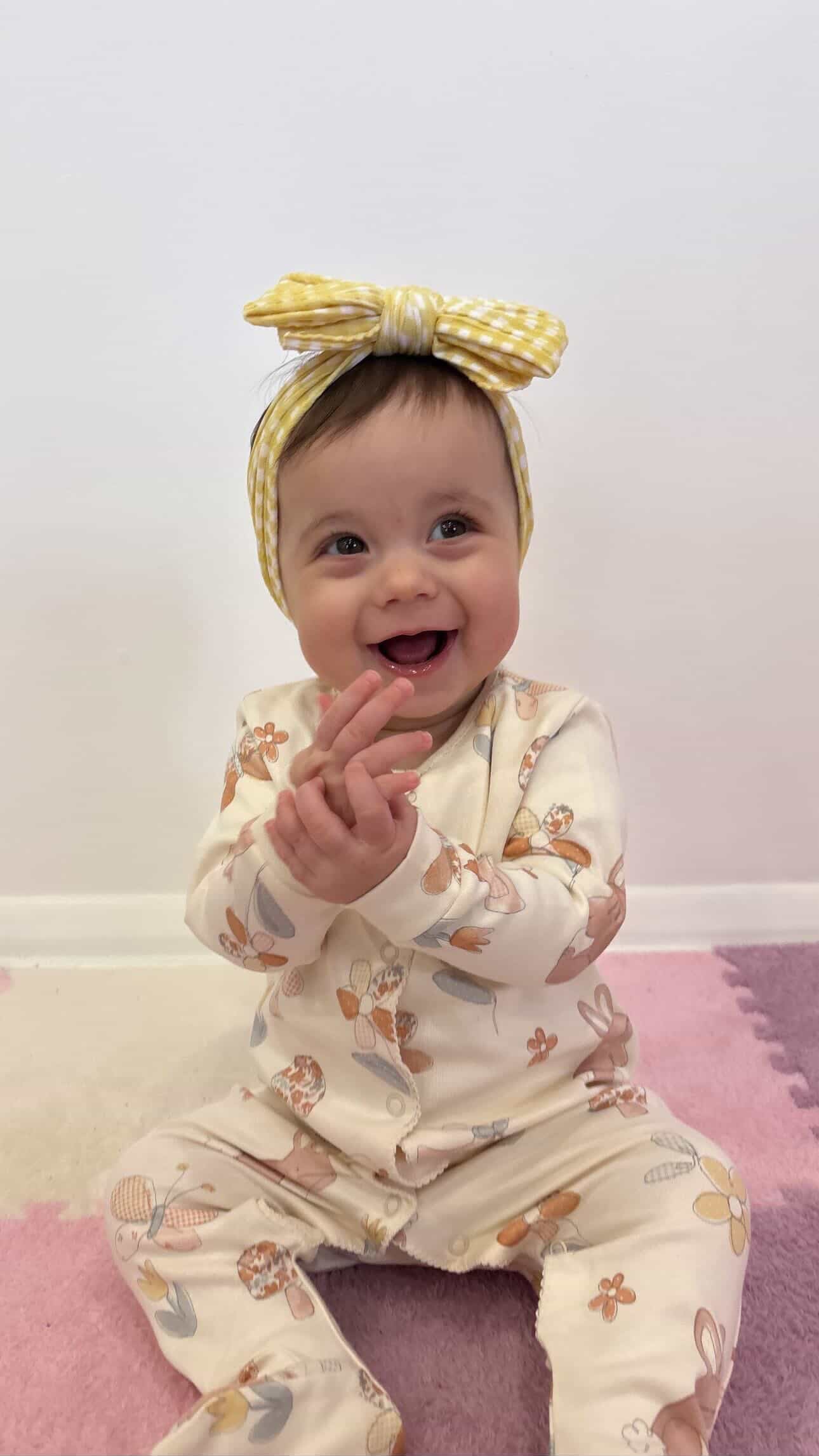 Yellow Gingham Pattern Larger Bow Cable Knit Headband