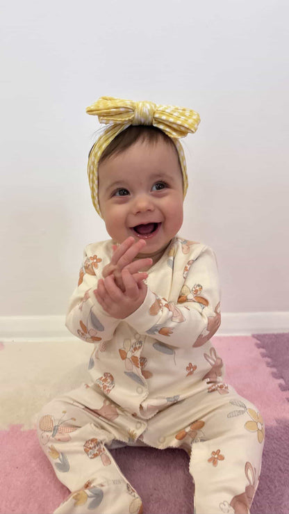 Yellow Gingham Pattern Larger Bow Cable Knit Headband