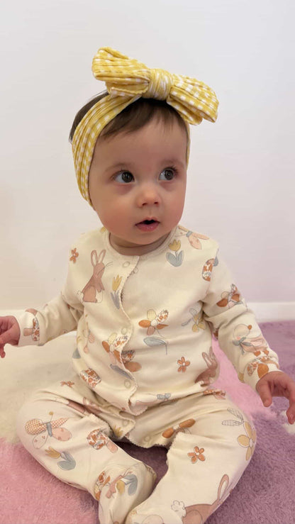 Yellow Gingham Pattern Larger Bow Cable Knit Headband