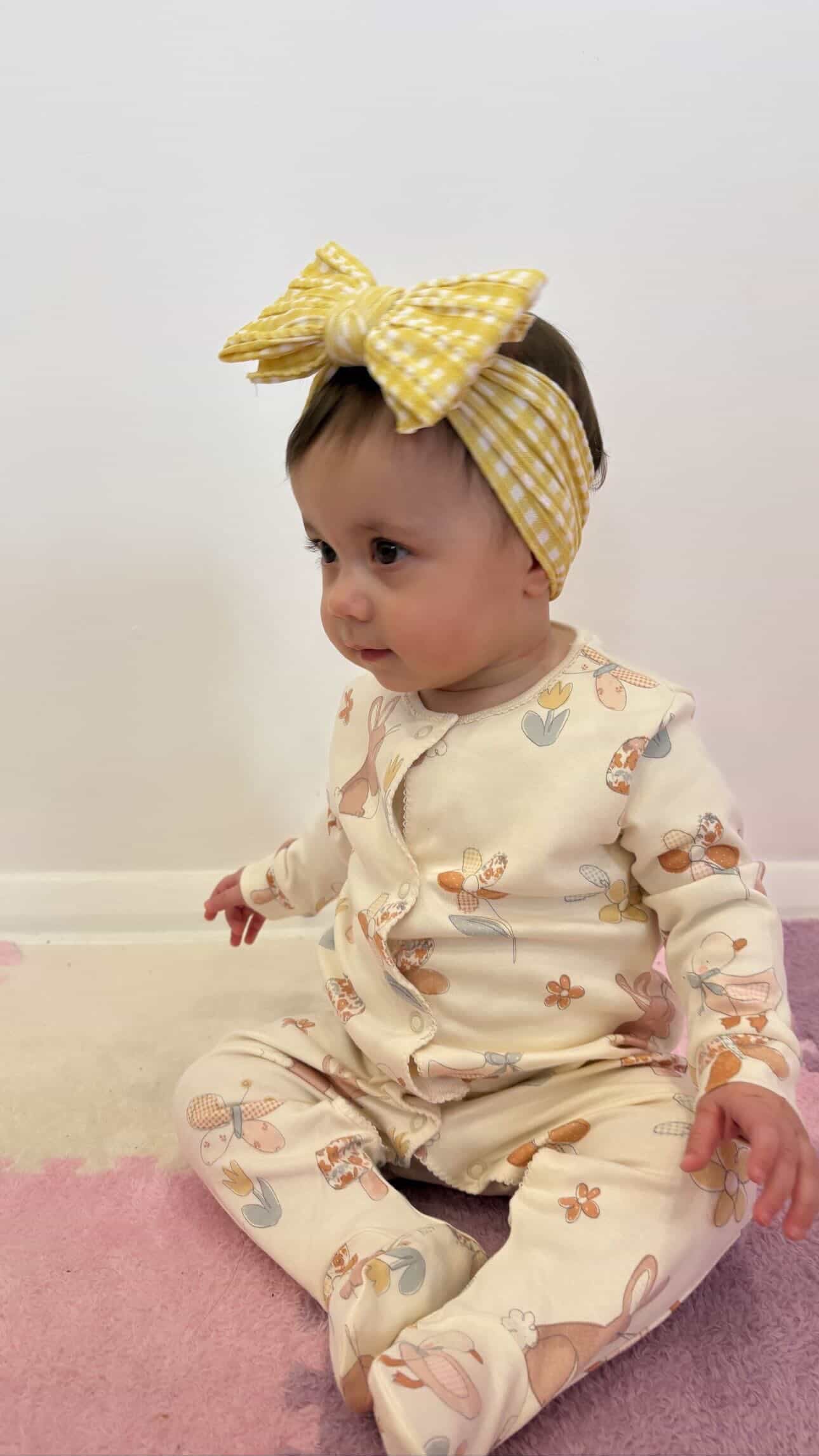 Yellow Gingham Pattern Larger Bow Cable Knit Headband