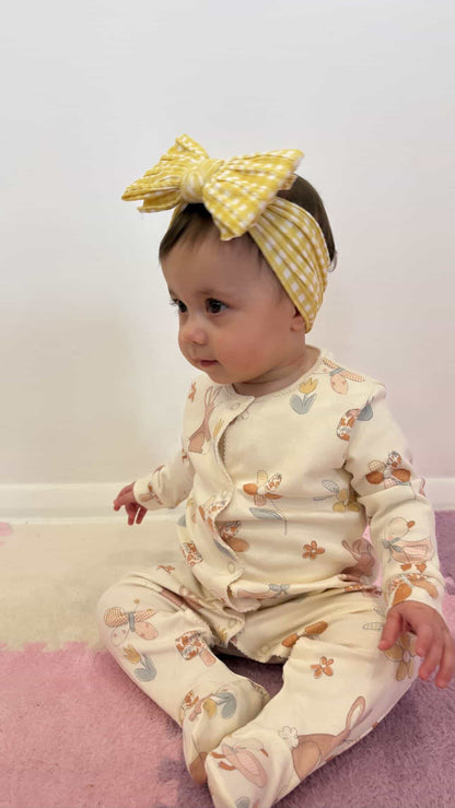 Yellow Gingham Pattern Larger Bow Cable Knit Headband