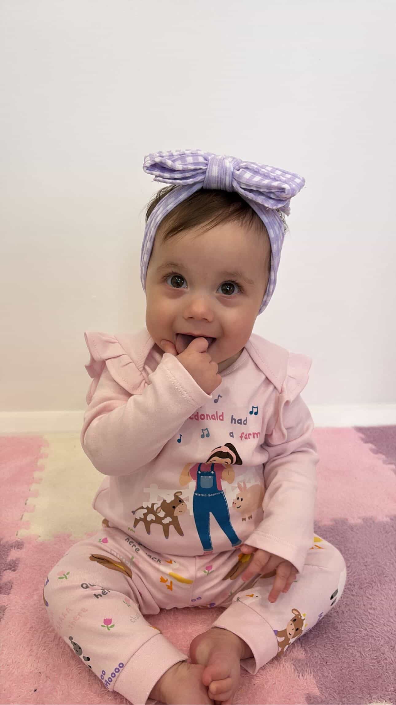 Lilac Gingham Pattern Larger Bow Cable Knit Headband