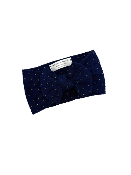 Navy Blue Gold Spot Cable Knit Smaller Bow Headband