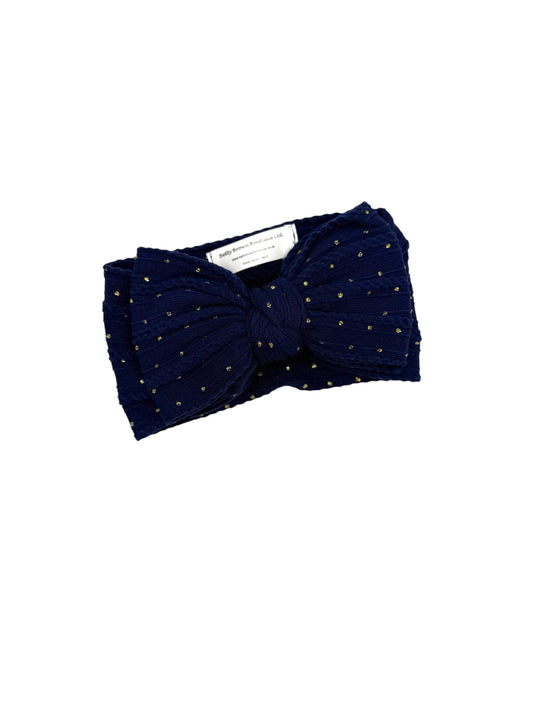 Navy Blue Gold Spot Larger Bow Cable Knit Headband