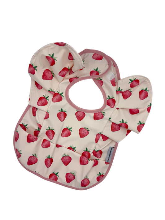 Pale Pink Strawberry Pattern Frill Detailed Waterproof Bib