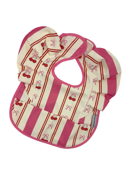 Pink Pinstripe Cherry Pattern Frill Detailed Waterproof Bib
