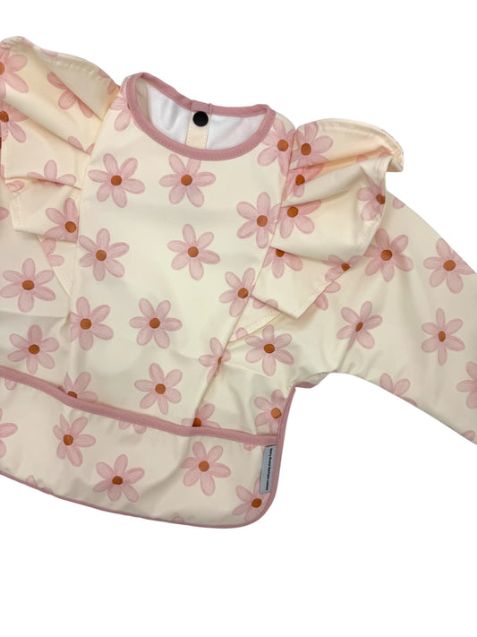 Boho Daisy Pattern Frill Detailed Waterproof Bib with Sleeves