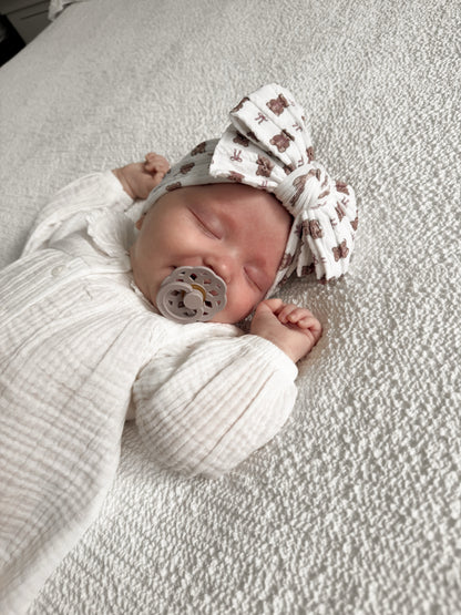 White Teddy Bear Pattern Larger Bow Cable Knit Headband