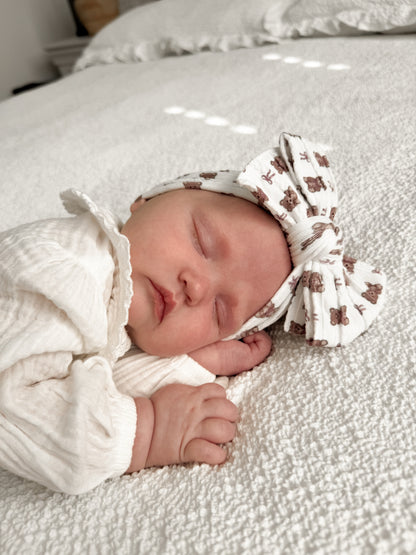 White Teddy Bear Pattern Larger Bow Cable Knit Headband