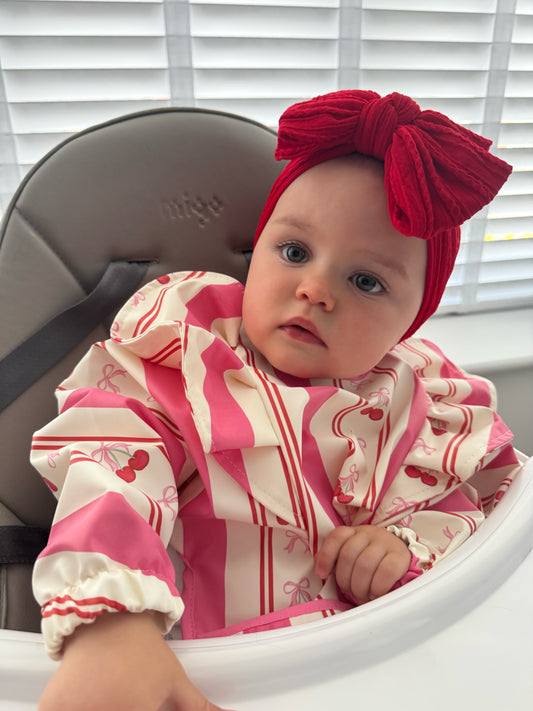 Pink Pinstripe Cherry Pattern Frill Detailed Waterproof Bib with Sleeves