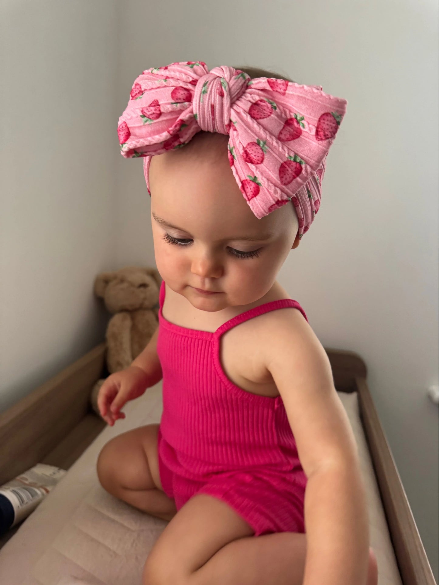 Pink Strawberry Pattern Larger Bow Cable Knit Headband