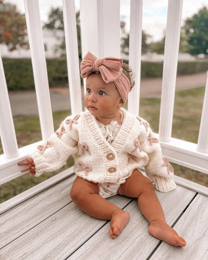 Lighter Dusty Pink Larger Bow Cable Knit Headband