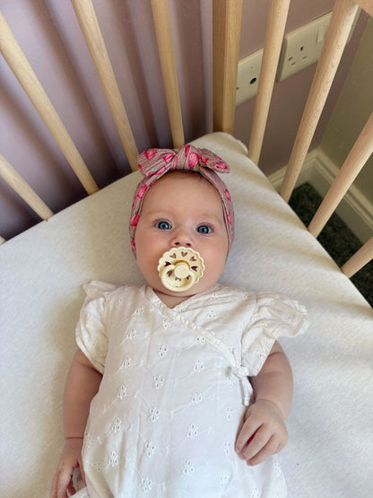 Dusty Pink Strawberry Pattern Smaller Bow Cable Knit Headband