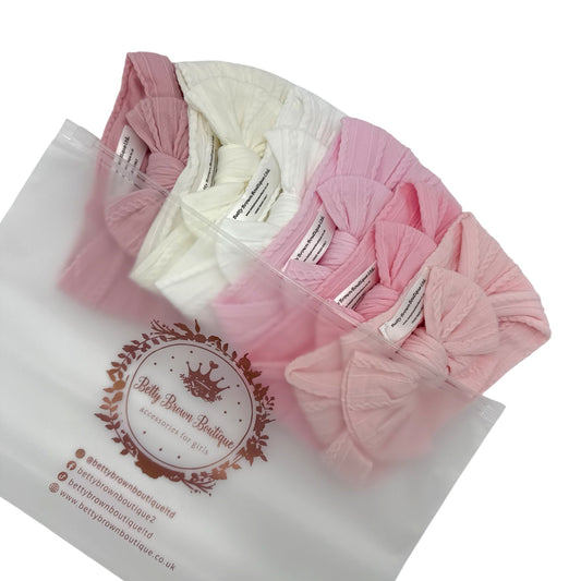 Pink Starter Bundle of 6 Smaller Bow Cable Knit Headbands Suitable from Newborn