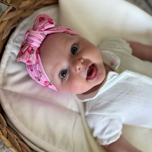 Pink Strawberry Pattern Smaller Bow Cable Knit Headband