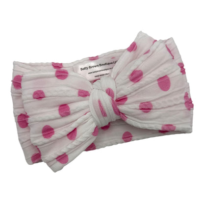 Pink Polkadot Larger Bow Cable Knit Headband