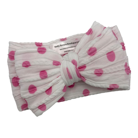 Pink Polkadot Larger Bow Cable Knit Headband