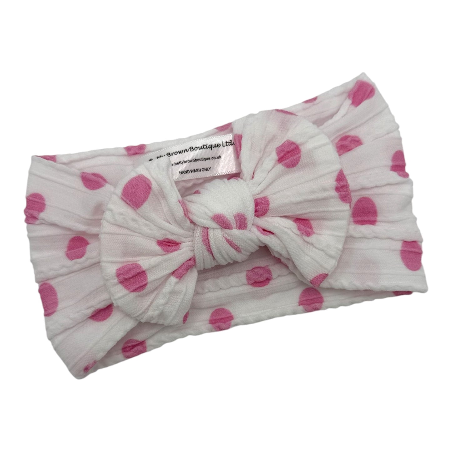 Pink Polkadot Pattern Smaller Bow Cable Knit Headband