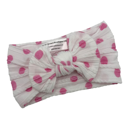 Pink Polkadot Pattern Smaller Bow Cable Knit Headband