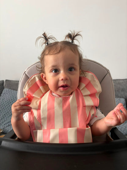 Peach Stripe Pattern Frill Detailed Waterproof Weaning Bib