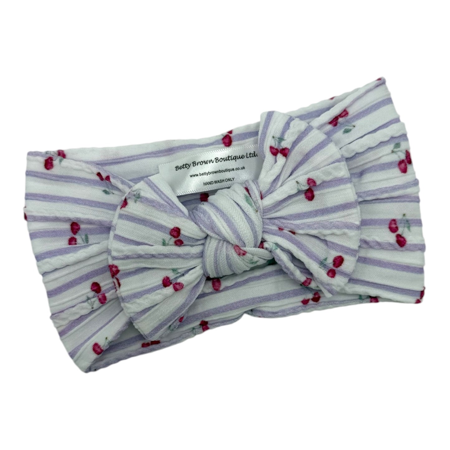 Lilac Pinstripe Cherry Pattern Smaller Bow Cable Knit Headband