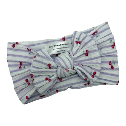 Lilac Pinstripe Cherry Pattern Smaller Bow Cable Knit Headband