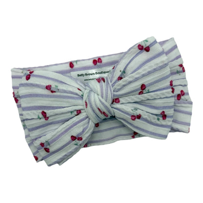 Lilac Pinstripe Cherry Pattern Larger Bow Cable Knit Headband