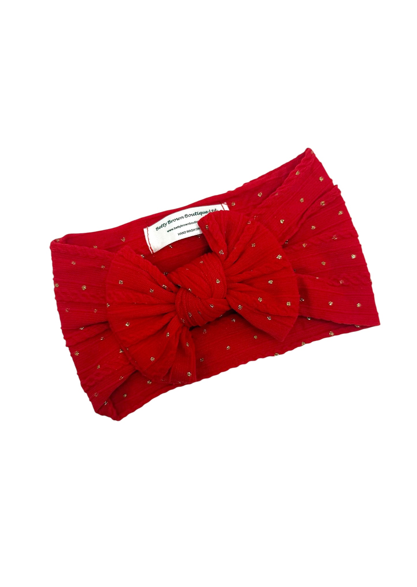Red Cable Knit Gold Spots Smaller Bow Headband - Christmas Collection