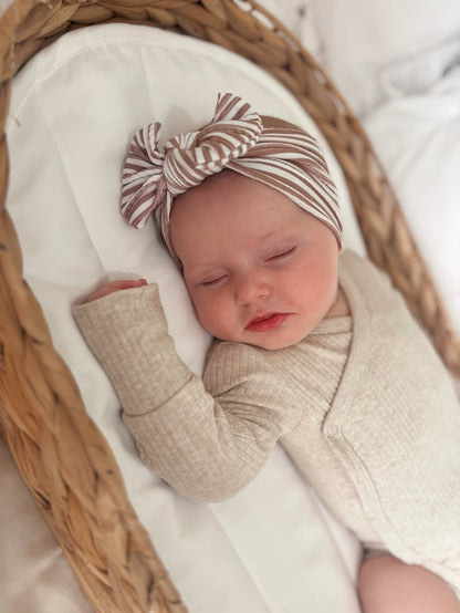 Brown Stripe Pattern Smaller Bow Cable Knit Headband