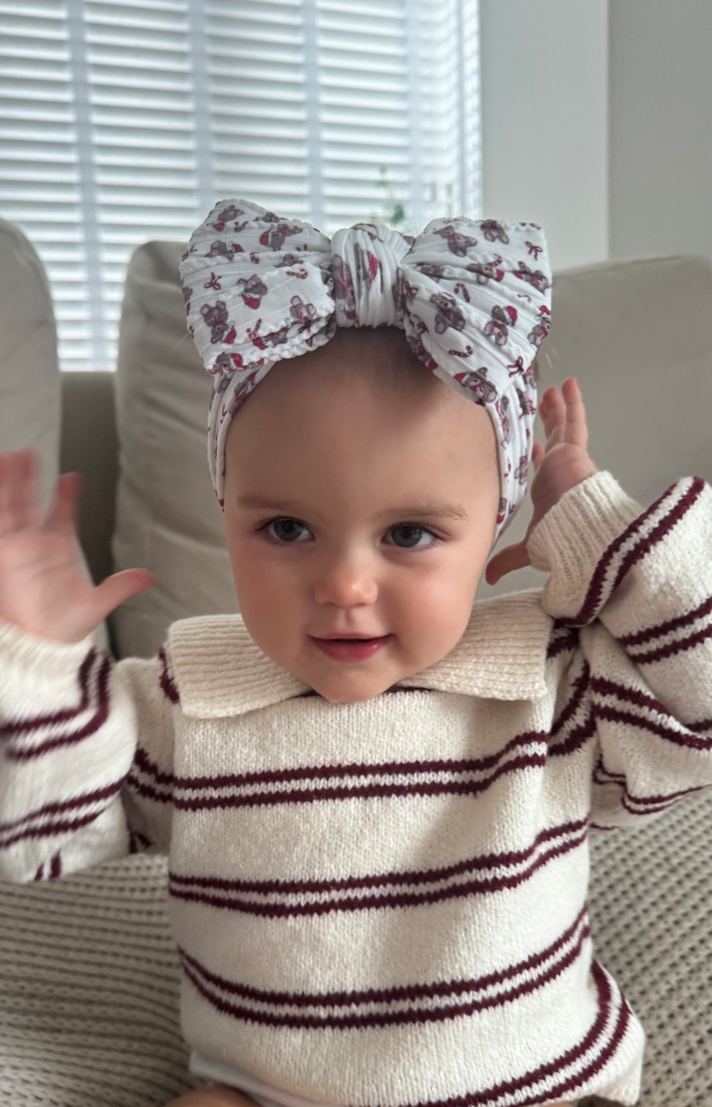 Christmas Teddy Bear Pattern Larger Bow Cable Knit Headband - 2025