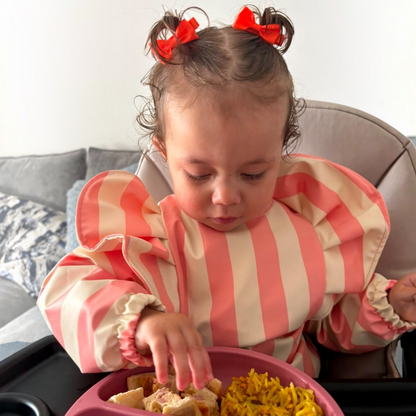 Peach Stripe Print Frill Detailed Waterproof Weaning Bib with Sleeves